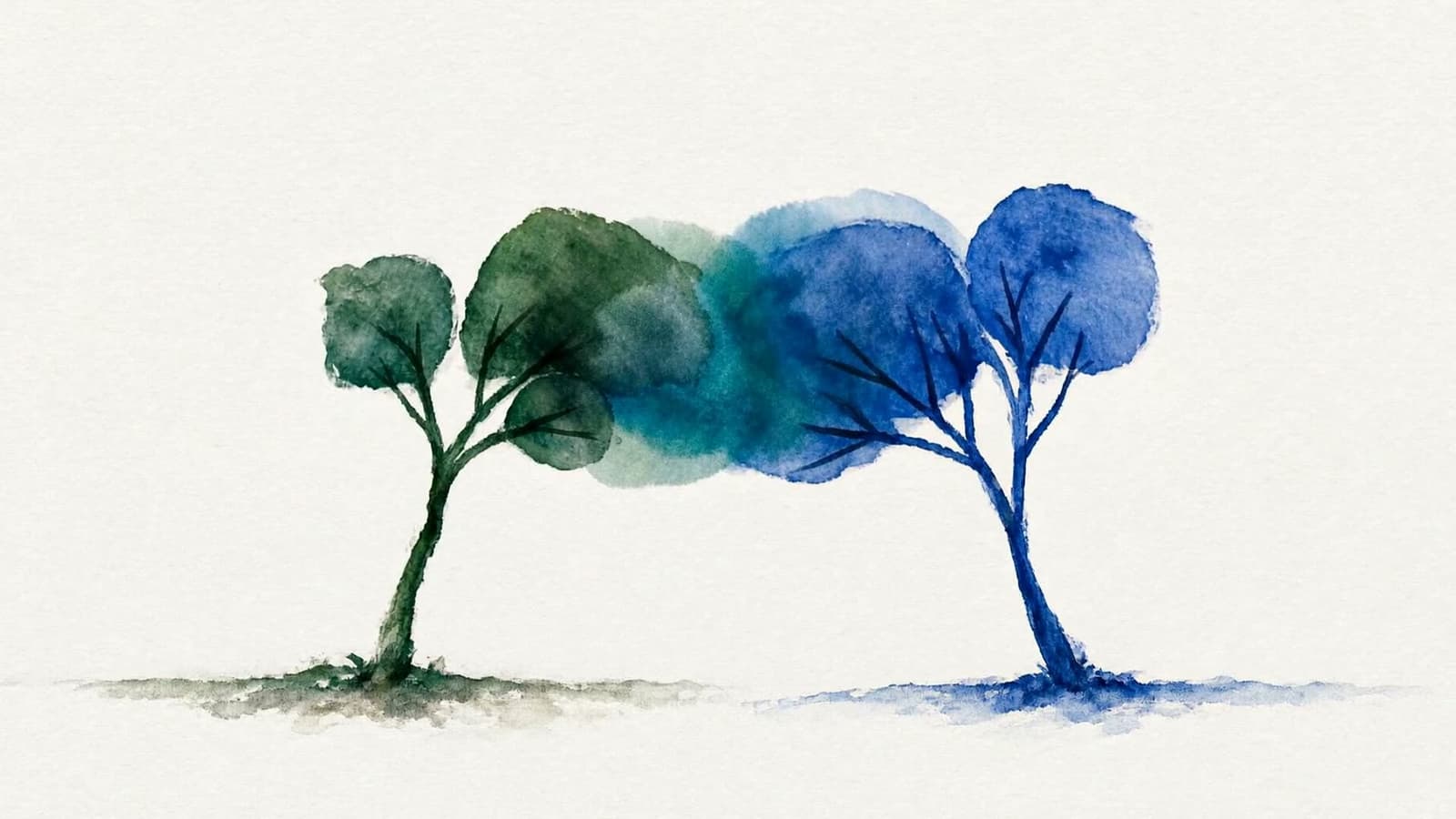 Aquarell: ein grüner und ein ultramarinblauer Baum, deren runde Kronen sich überschneiden. Die Schnittfläche ist tiefes Blaugrün.
