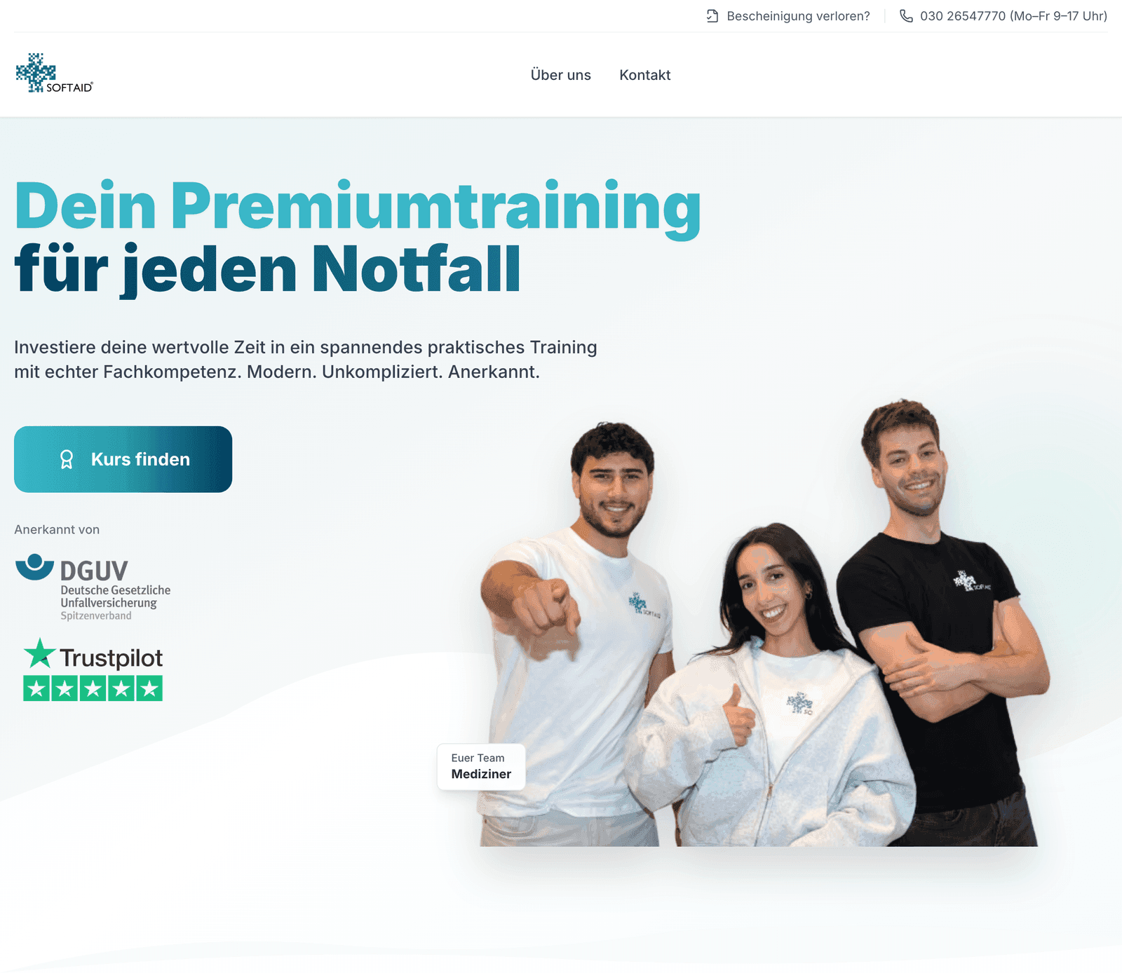 Ausschnitt der Startansicht von soft-aid.de: die Überschrift „Dein Premiumtraining für jeden Notfall“, darunter der Knopf „Kurs finden“ und das Zeichen der Deutschen Gesetzlichen Unfallversicherung